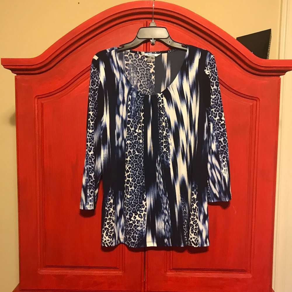 TanJay size L dress casual blouse 3/4 sleeves blue cream